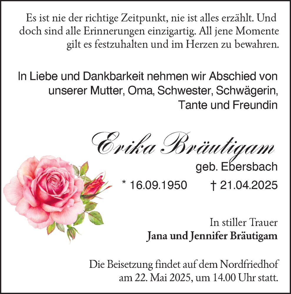  Traueranzeige für Erika Bräutigam vom 17.05.2025 aus Lausitzer Rundschau