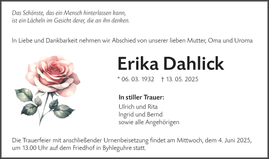 Traueranzeige von Erika Dahlick von Lausitzer Rundschau
