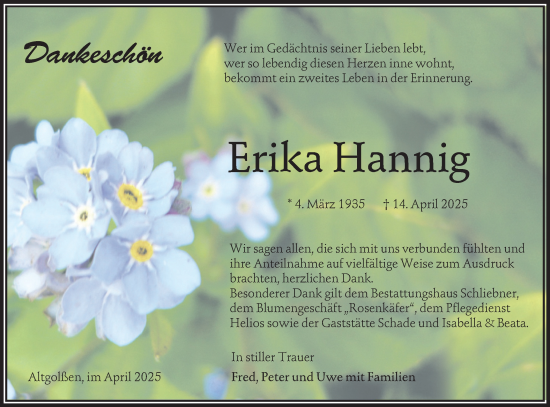 Traueranzeige von Erika Hannig von Lausitzer Rundschau