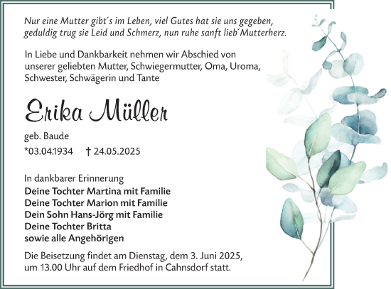 Traueranzeige von Erika Müller von Lausitzer Rundschau