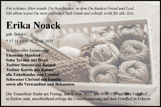 Traueranzeige von Erika Noack von Lausitzer Rundschau