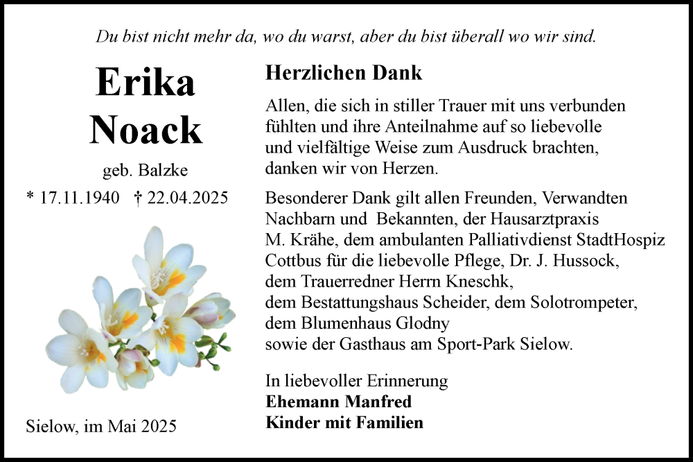  Traueranzeige für Erika Noack vom 31.05.2025 aus Lausitzer Rundschau