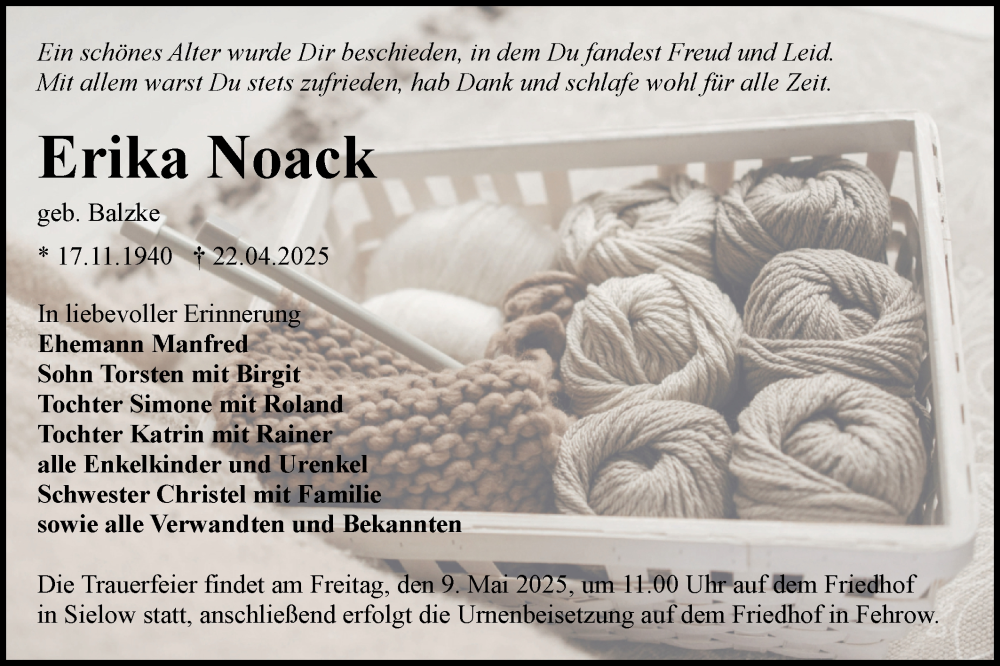  Traueranzeige für Erika Noack vom 03.05.2025 aus Lausitzer Rundschau