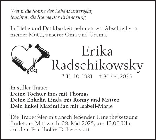 Traueranzeige von Erika Radschikowsky von Lausitzer Rundschau