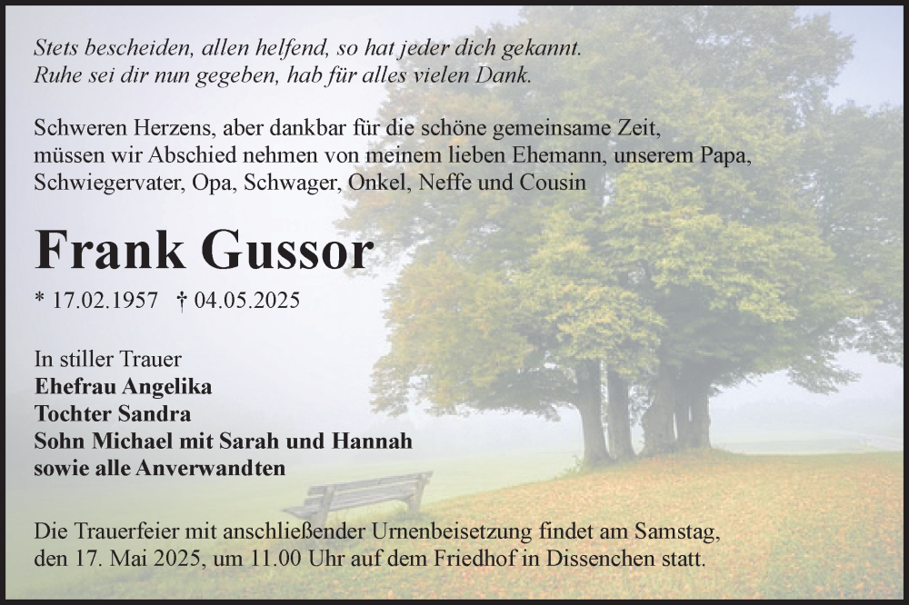  Traueranzeige für Frank Gussor vom 10.05.2025 aus Lausitzer Rundschau