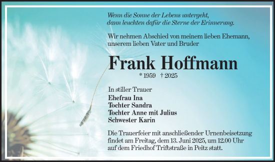 Traueranzeige von Frank Hoffmann von Lausitzer Rundschau