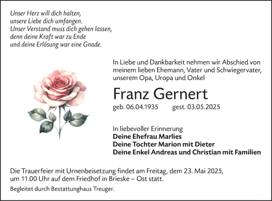 Traueranzeige von Franz Gernert von Lausitzer Rundschau