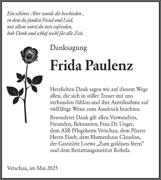Traueranzeige von Frida Paulenz von Lausitzer Rundschau