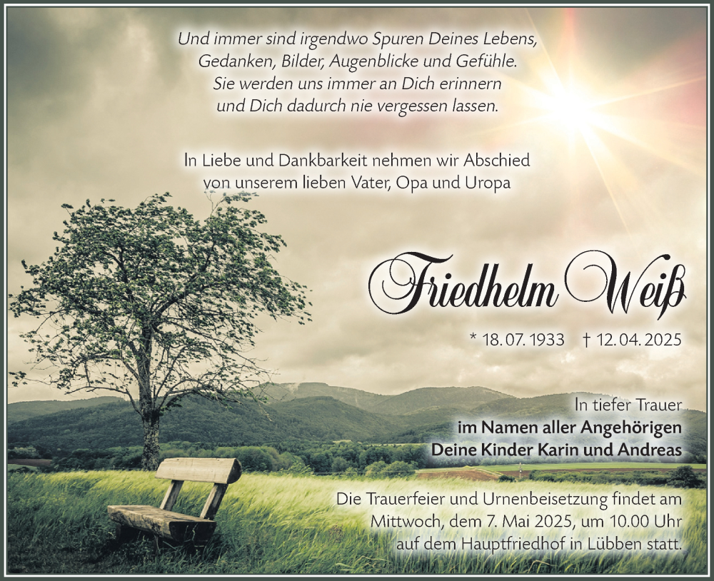  Traueranzeige für Friedhelm Weiß vom 03.05.2025 aus Lausitzer Rundschau