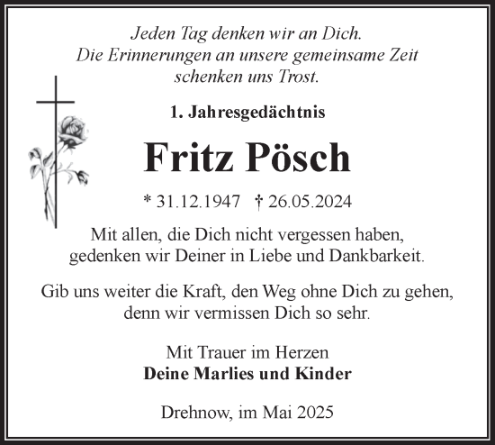 Traueranzeige von Fritz Pösch von Lausitzer Rundschau
