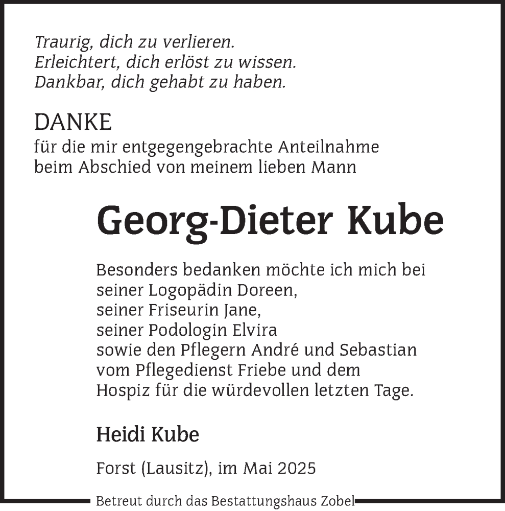  Traueranzeige für Georg-Dieter Kube vom 24.05.2025 aus Lausitzer Rundschau