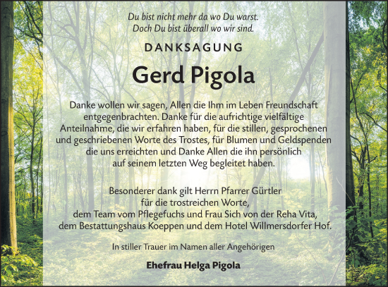 Traueranzeige von Gerd Pigola von Lausitzer Rundschau