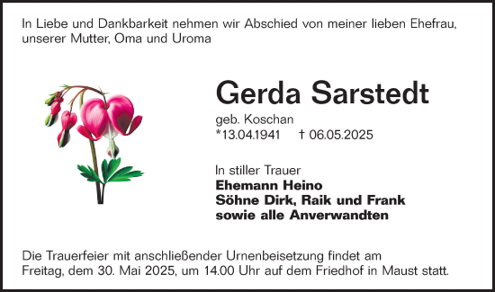 Traueranzeige von Gerda Sarstedt von Lausitzer Rundschau