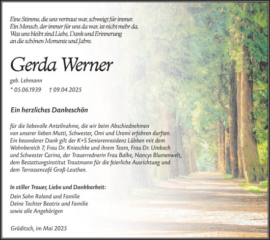 Traueranzeige von Gerda Werner von Lausitzer Rundschau