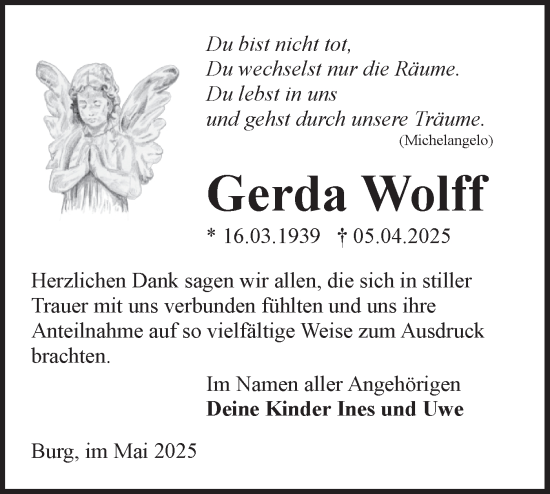 Traueranzeige von Gerda Wolff von Lausitzer Rundschau