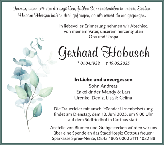 Traueranzeige von Gerhard Hobusch von Lausitzer Rundschau