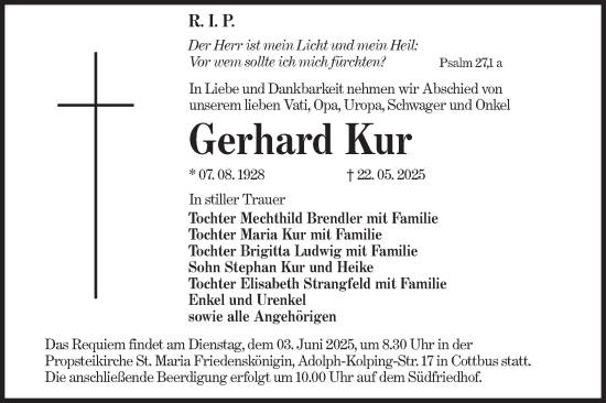 Traueranzeige von Gerhard Kur von Lausitzer Rundschau