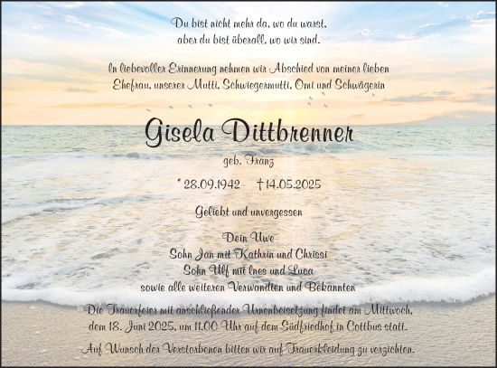 Traueranzeige von Gisela Dittbrenner von Lausitzer Rundschau