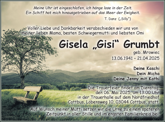 Traueranzeige von Gisela Grumbt von Lausitzer Rundschau
