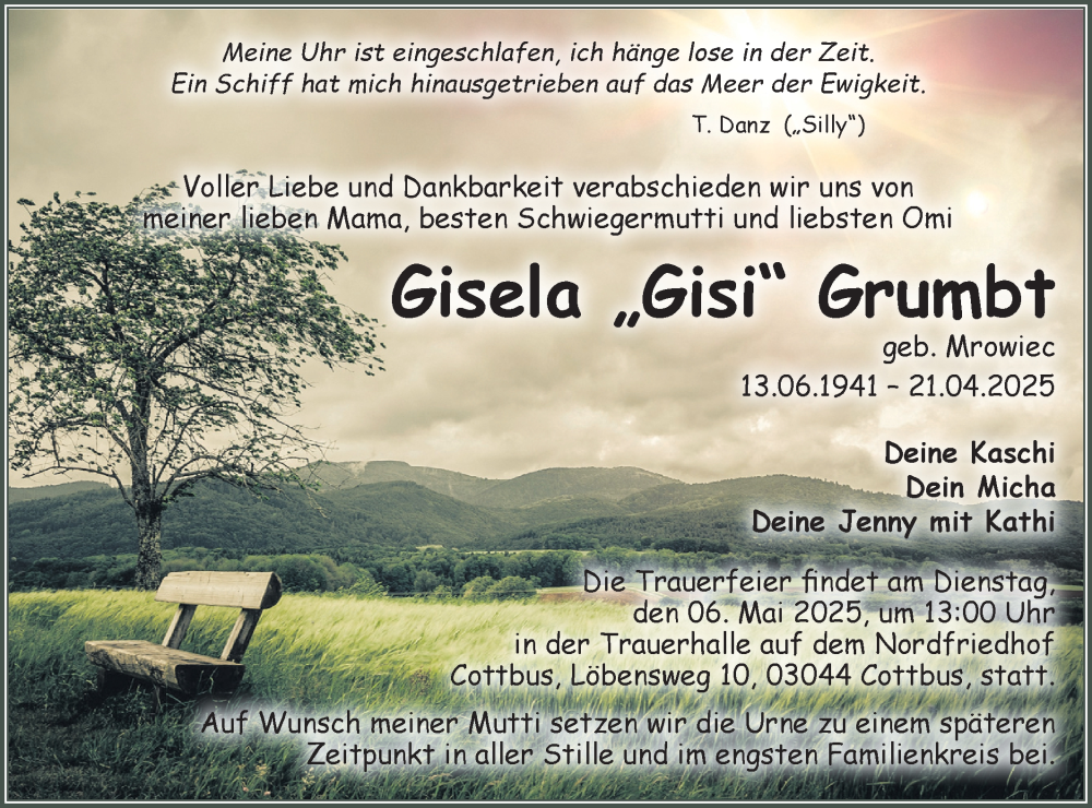  Traueranzeige für Gisela Grumbt vom 03.05.2025 aus Lausitzer Rundschau
