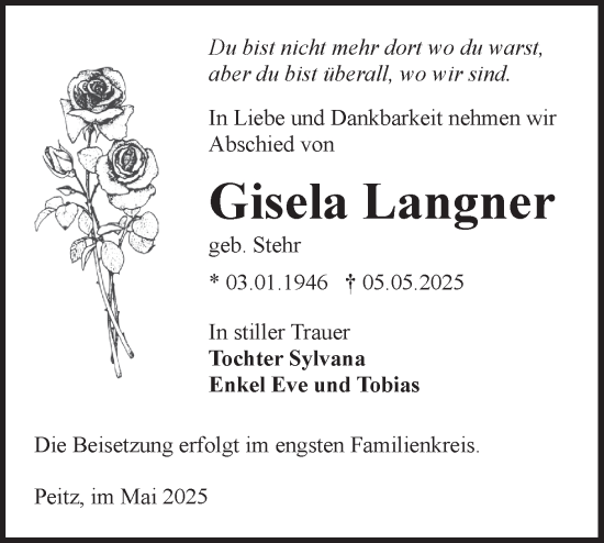 Traueranzeige von Gisela Langner von Lausitzer Rundschau