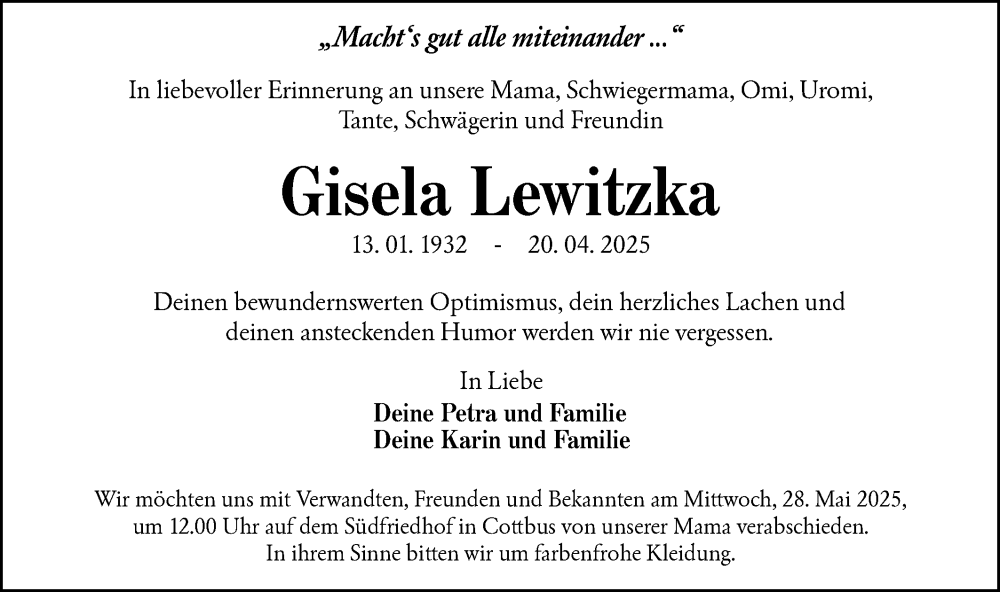  Traueranzeige für Gisela Lewitzka vom 17.05.2025 aus Lausitzer Rundschau