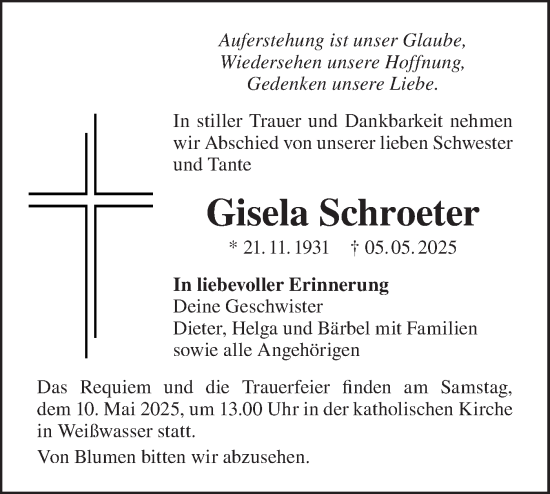 Traueranzeige von Gisela Schroeter von Lausitzer Rundschau