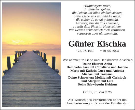 Traueranzeige von Günter Kischka von Lausitzer Rundschau