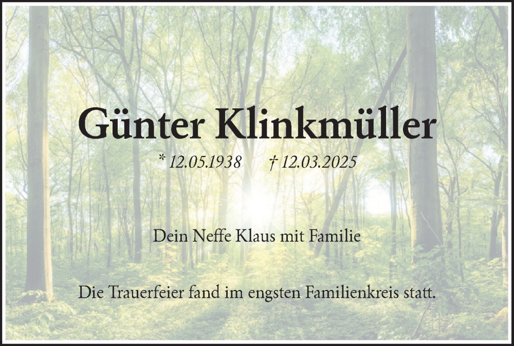  Traueranzeige für Günter Klinkmüller vom 03.05.2025 aus Lausitzer Rundschau