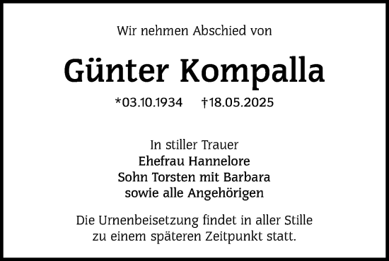 Traueranzeige von Günter Kompalla von Lausitzer Rundschau