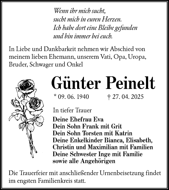 Traueranzeige von Günter Peinelt von Lausitzer Rundschau