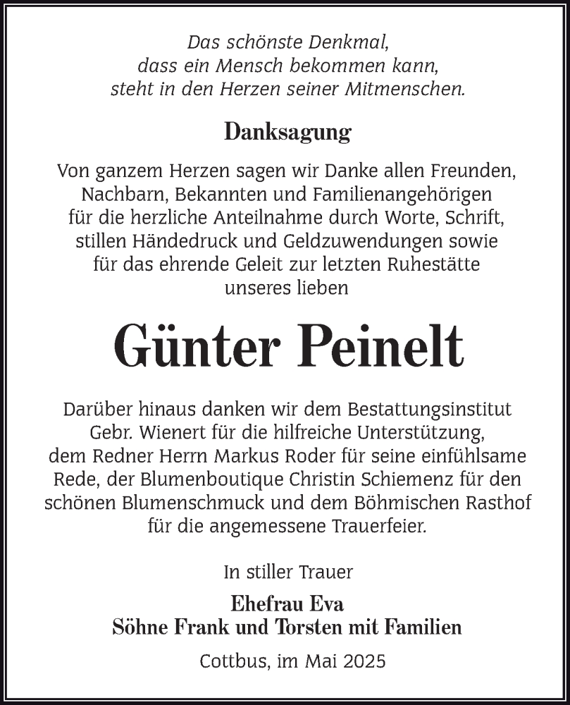  Traueranzeige für Günter Peinelt vom 31.05.2025 aus Lausitzer Rundschau