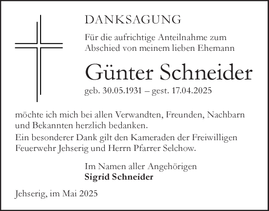 Traueranzeige von Günter Schneider von Lausitzer Rundschau