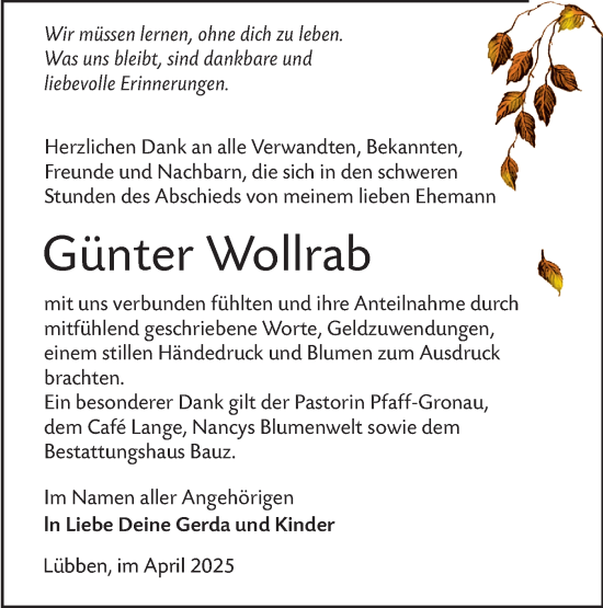 Traueranzeige von Günter Wollrab von Lausitzer Rundschau