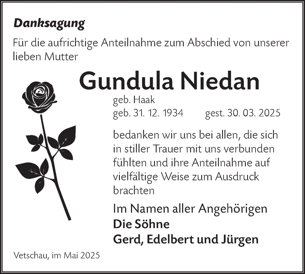  Traueranzeige für Gundula Niedan vom 10.05.2025 aus Lausitzer Rundschau