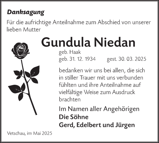 Traueranzeige von Gundula Niedan von Lausitzer Rundschau