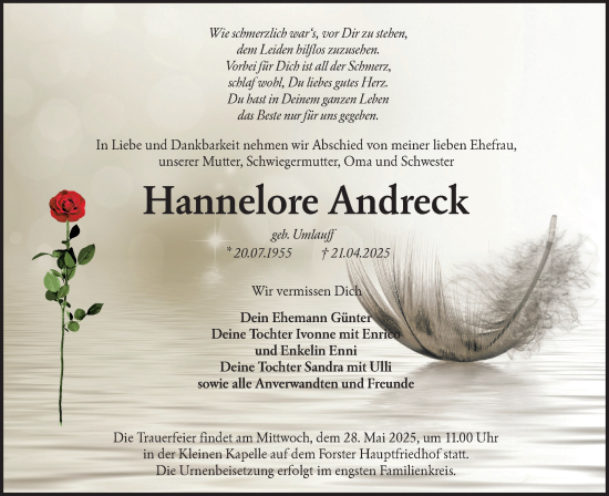 Traueranzeige von Hannelore Andreck von Lausitzer Rundschau