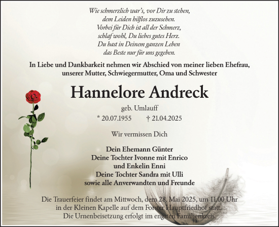 Traueranzeige von Hannelore Andreck von Lausitzer Rundschau