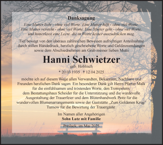 Traueranzeige von Hanni Schwietzer von Lausitzer Rundschau