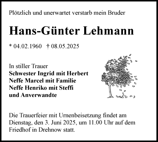 Traueranzeige von Hans-Günter Lehmann von Lausitzer Rundschau