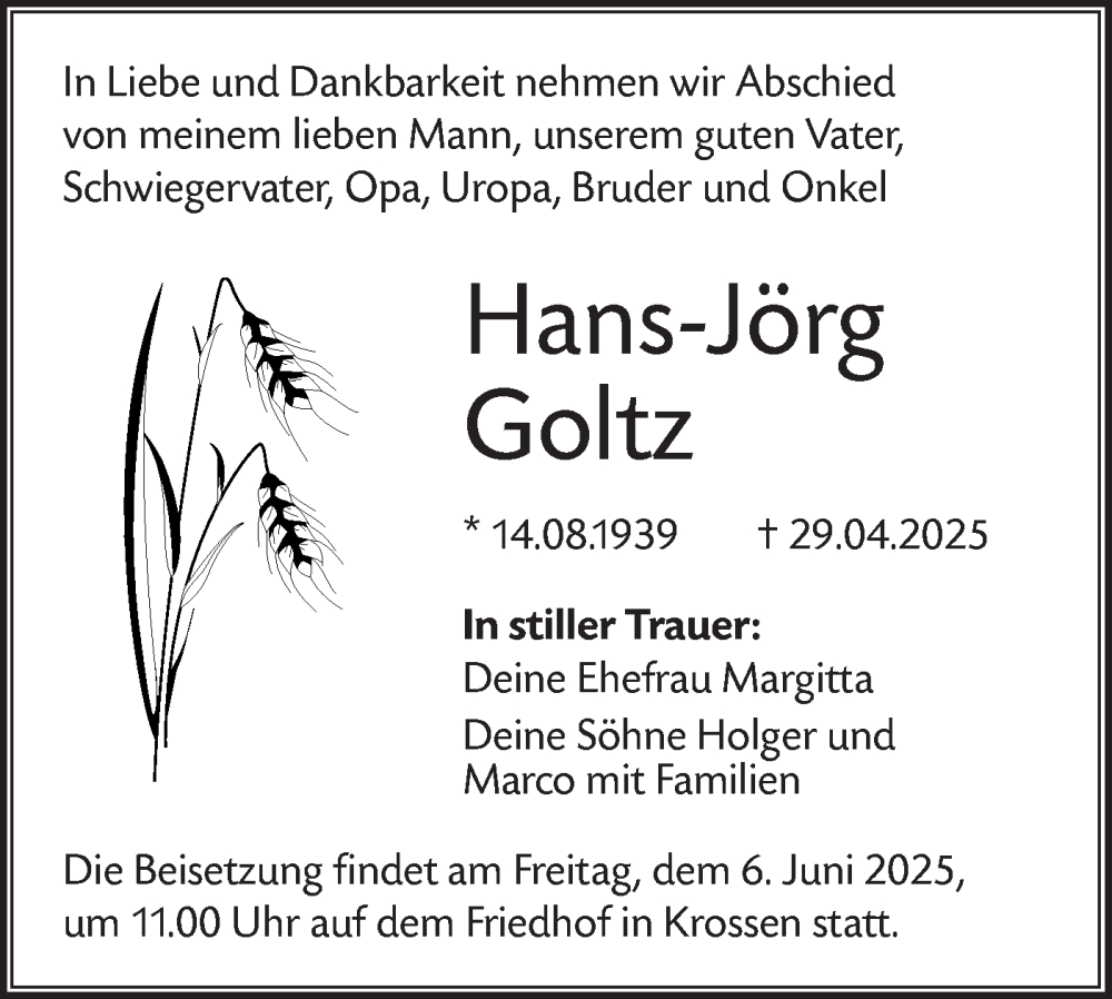  Traueranzeige für Hans-Jörg Goltz vom 10.05.2025 aus Lausitzer Rundschau