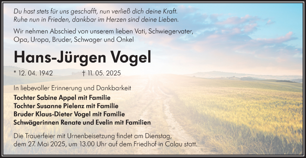  Traueranzeige für Hans-Jürgen Vogel vom 17.05.2025 aus Lausitzer Rundschau