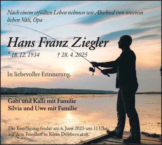 Traueranzeige von Hans Franz Ziegler von Lausitzer Rundschau