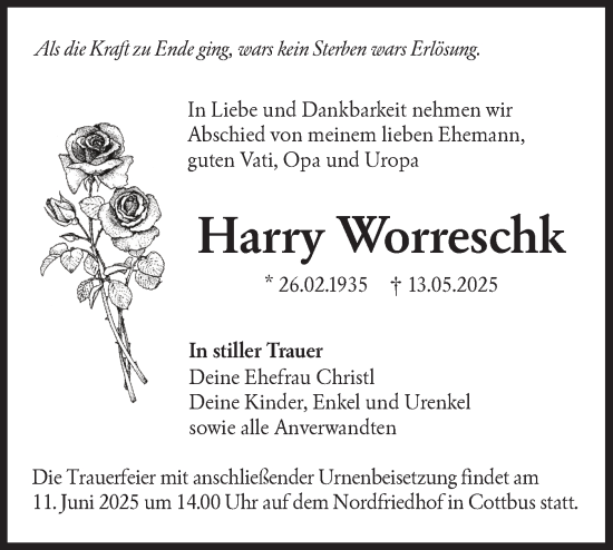 Traueranzeige von Harry Worreschk von Lausitzer Rundschau