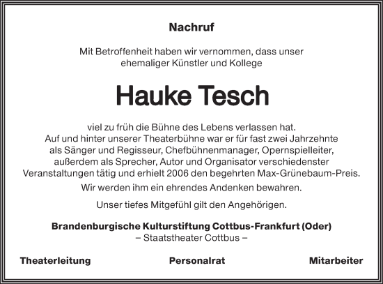 Traueranzeige von Hauke Tesch von Lausitzer Rundschau