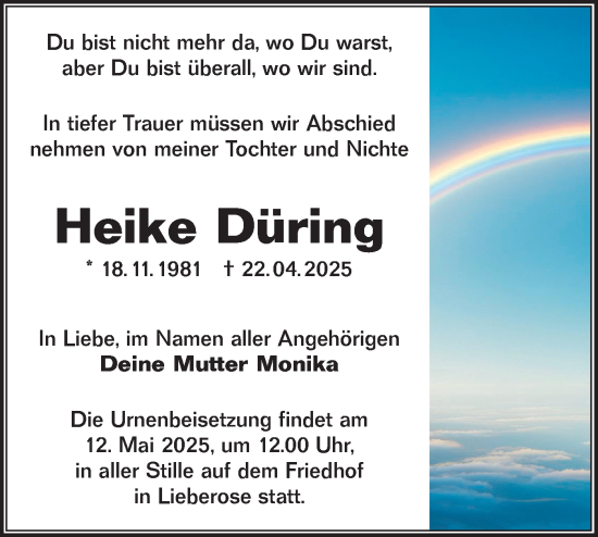 Traueranzeige von Heike Düring von Lausitzer Rundschau