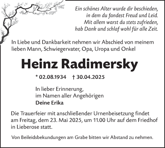 Traueranzeige von Heinz Radimersky von Lausitzer Rundschau