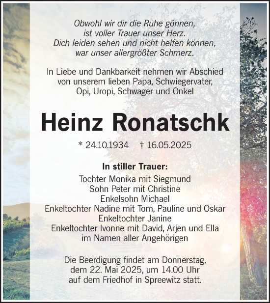 Traueranzeige von Heinz Ronatschk von Lausitzer Rundschau