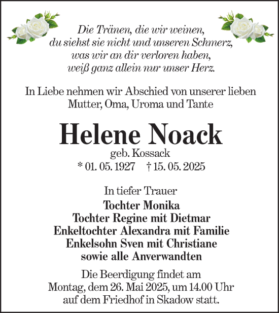 Traueranzeige von Helene Noack von Lausitzer Rundschau