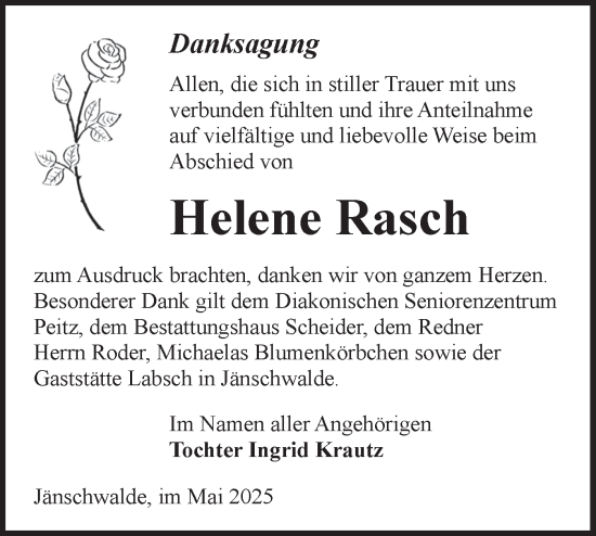 Traueranzeige von Helene Rasch von Lausitzer Rundschau